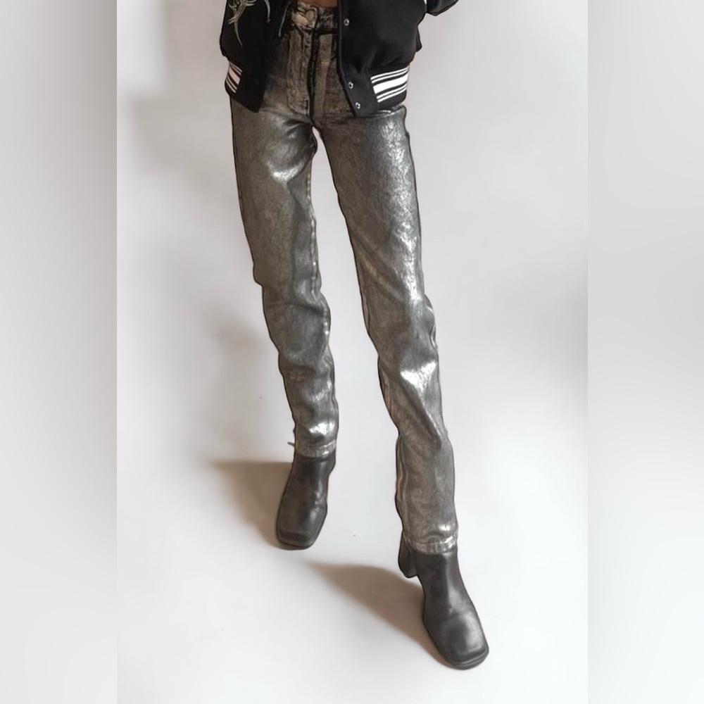 NWT FRAME Metallic Denim Le Sylvie Slender Straight High Rise Jeans Noir Sz 26